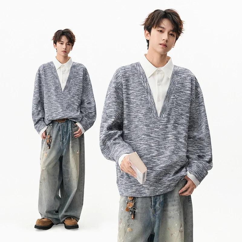 Men's Relaxed Shirt Collar Layered Sweater