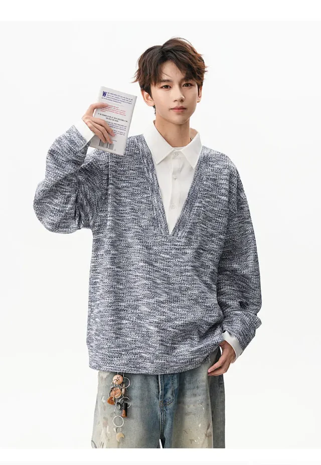 Men's Relaxed Shirt Collar Layered Sweater Detail