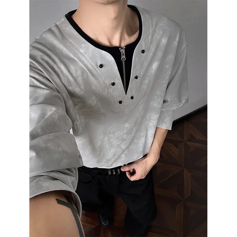 Men's Half-Zip V-Neck Tie-Dye Long-Sleeve T-Shirt