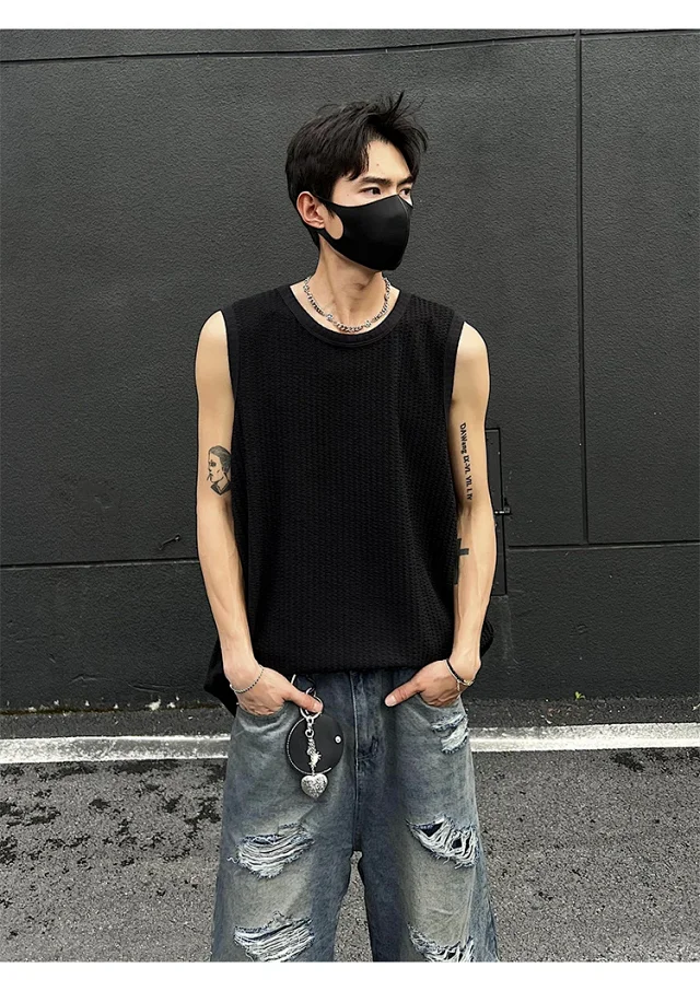 Men's Black Textured Jacquard Vest Detail