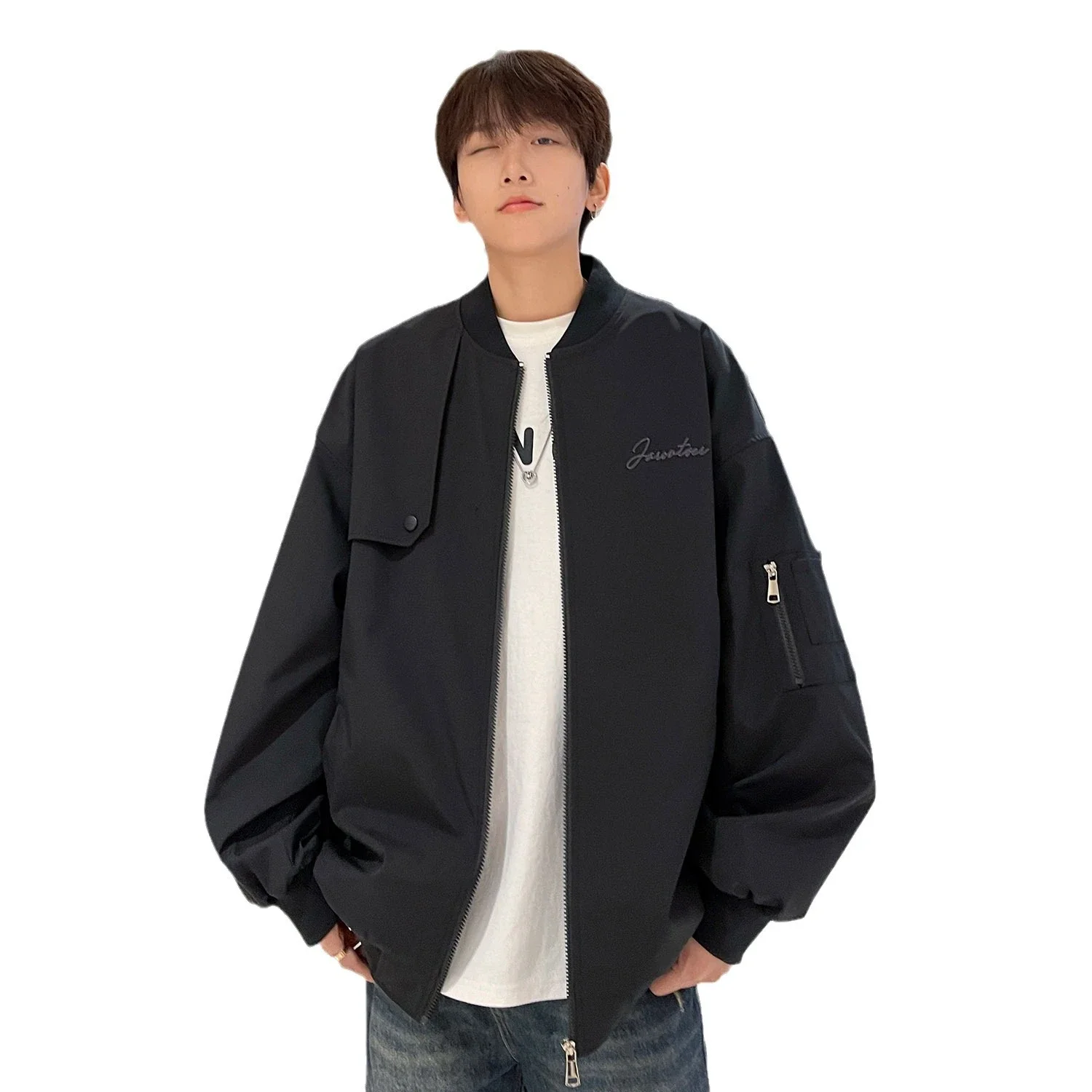 Men's Burgundy Hip-Hop Embroidered Bomber Jacket