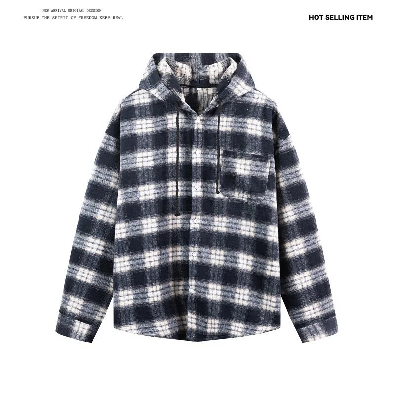 Men's Cyber Plaid Hooded Shirt Loose Unisex