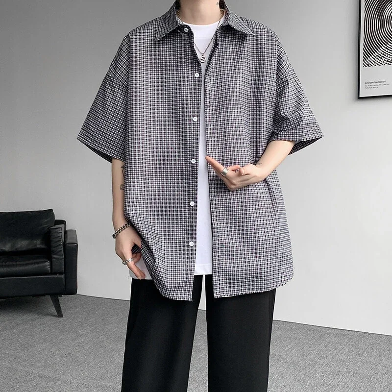 M-8XL Blue Plaid Short-Sleeve Shirt for Men