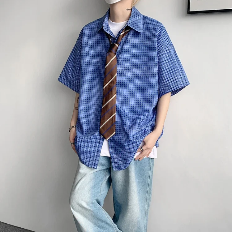 M-8XL Blue Plaid Short-Sleeve Shirt for Men