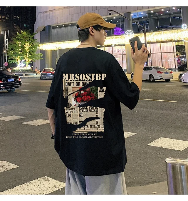 Men's Oversized Cotton Tee 2025 Rose-Print Detail