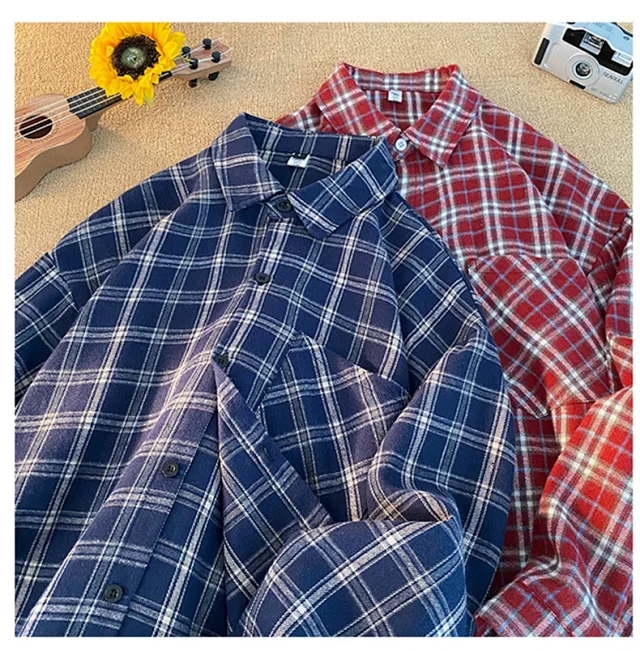 Men's Red Japanese Brushed Plaid Overshirt Detail