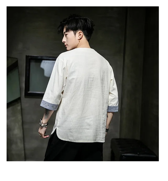 New Chinese Men's Linen 3/4 Tee Detail