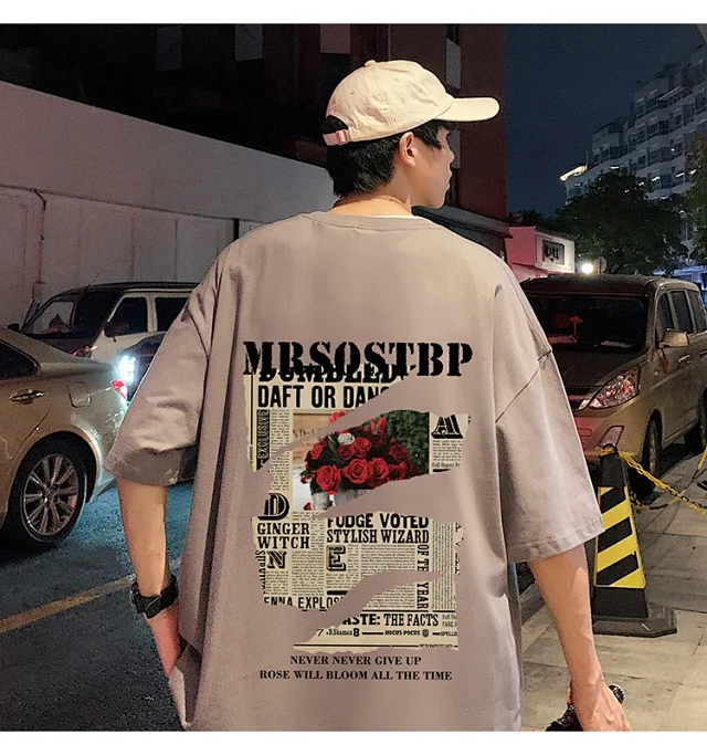 Men's Oversized Cotton Tee 2025 Rose-Print Detail