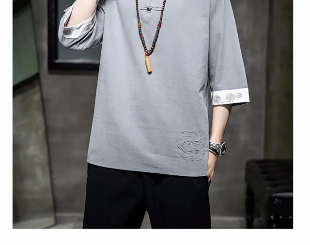 New Chinese Men's Linen 3/4 Tee Detail