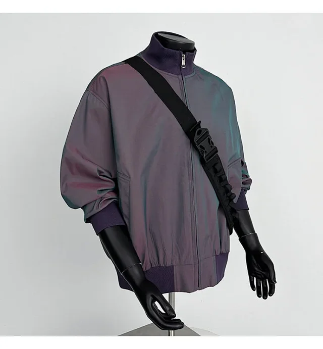 Men's Iridescent Satin Cropped Mandarin-Collar Jacket Detail