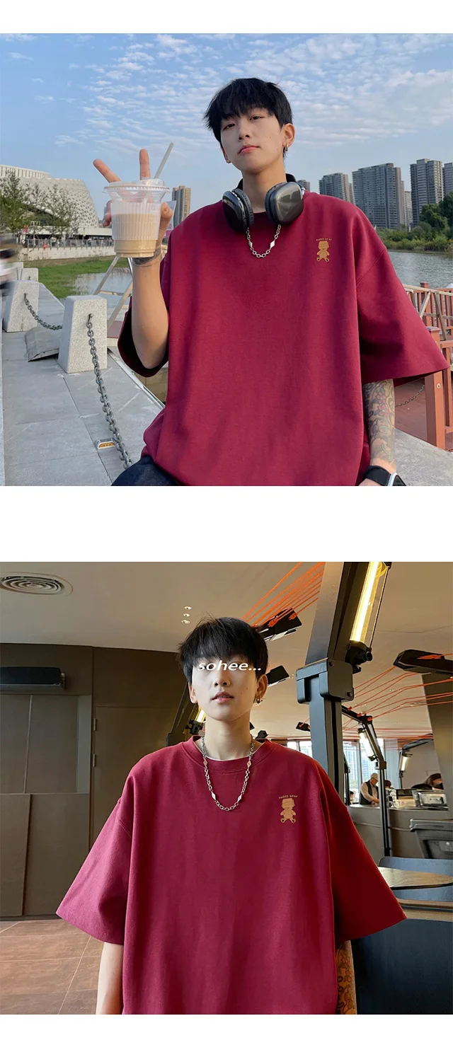 Men's Burgundy 3/4 Sleeve Oversized Tee Detail