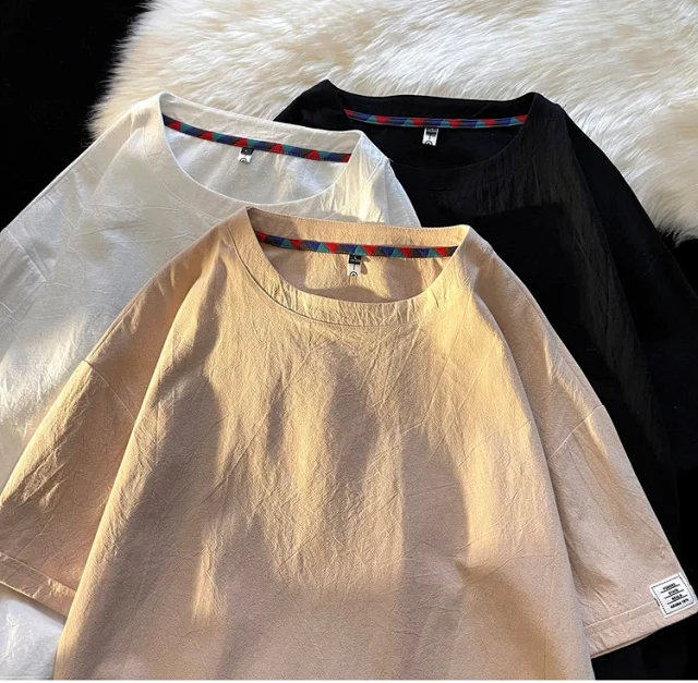 Men's Summer Linen-Like Oversized Solid T-Shirt Detail