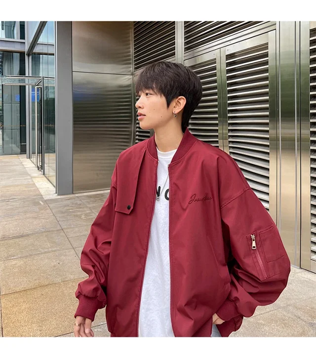 Men's Burgundy Hip-Hop Embroidered Bomber Jacket Detail