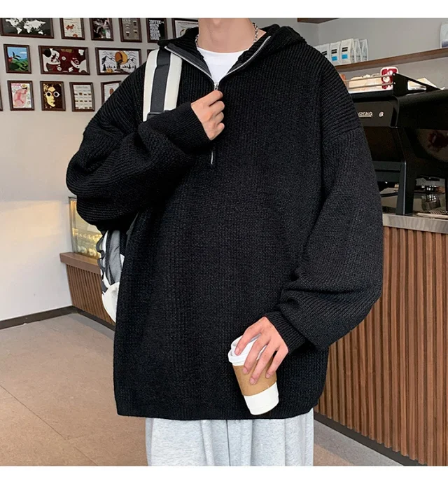 Men's Trendy Relaxed Hooded Half Zip Sweater Detail