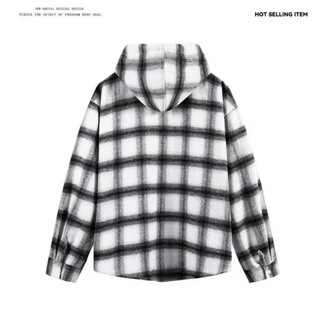Men's Cyber Plaid Hooded Shirt Loose Unisex Detail