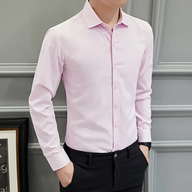 Men's Slim-Fit Long-Sleeve Korean White Shirt Detail