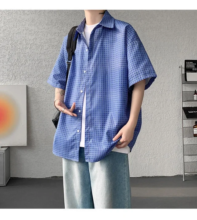 M-8XL Blue Plaid Short-Sleeve Shirt for Men Detail