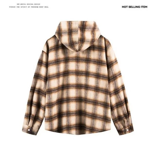 Men's Cyber Plaid Hooded Shirt Loose Unisex Detail