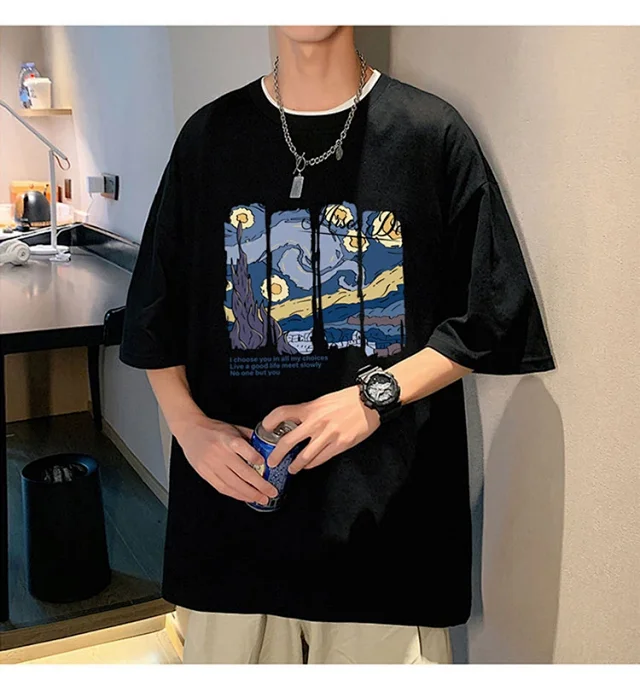 Starry Night Men's Loose Cotton T-Shirt Detail