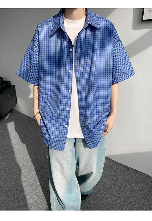 M-8XL Blue Plaid Short-Sleeve Shirt for Men Detail