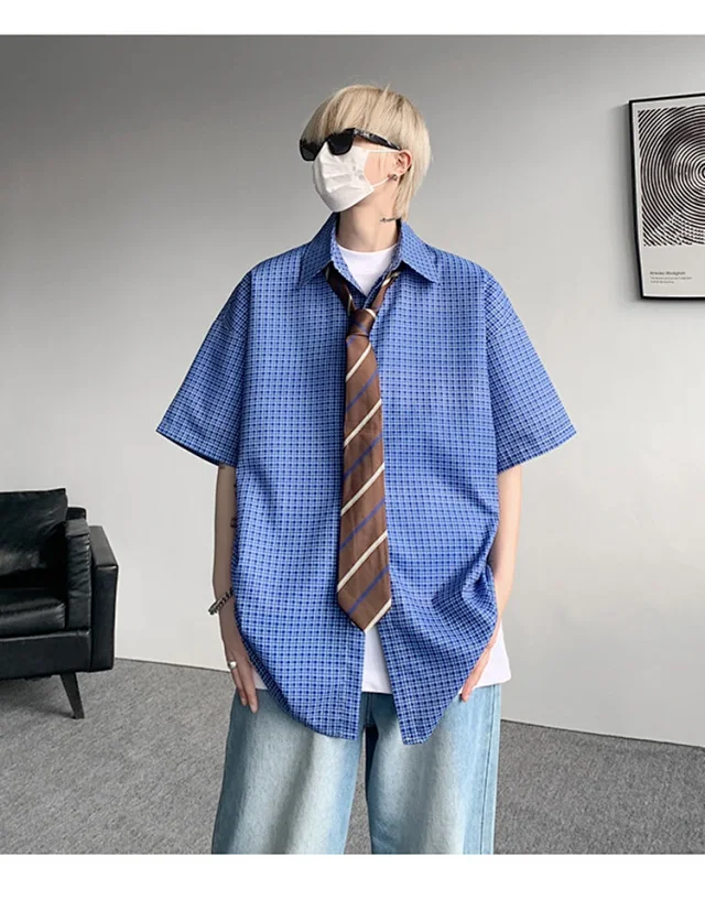 M-8XL Blue Plaid Short-Sleeve Shirt for Men Detail