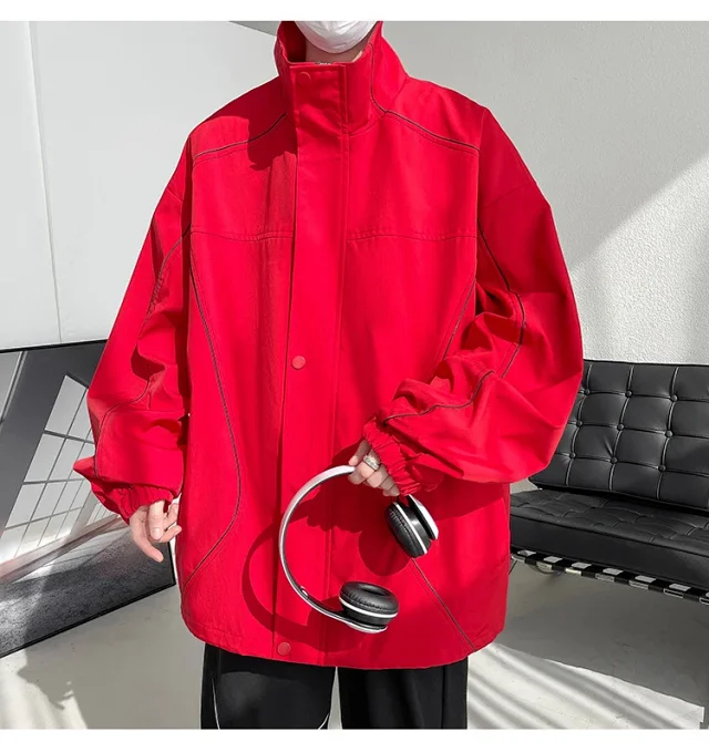 Men's Burgundy Hip-Hop Hooded Bomber Jacket Detail