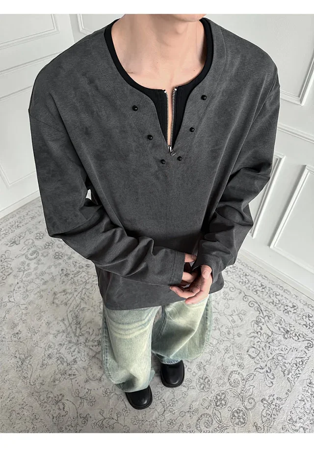 Men's Half-Zip V-Neck Tie-Dye Long-Sleeve T-Shirt Detail