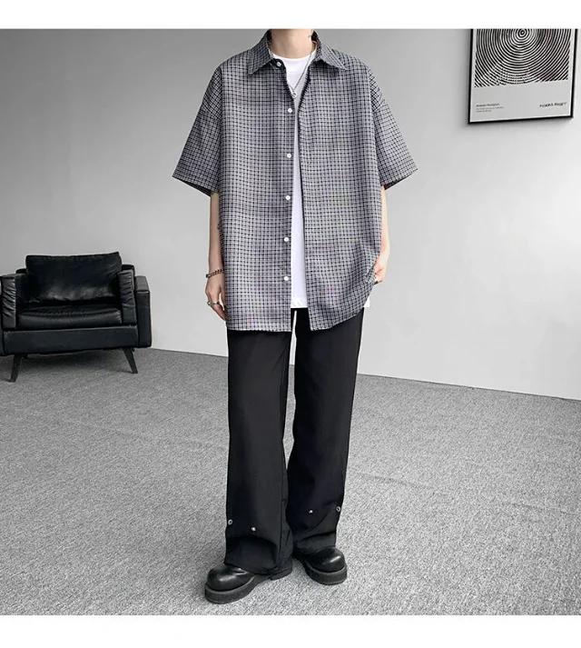 M-8XL Blue Plaid Short-Sleeve Shirt for Men Detail