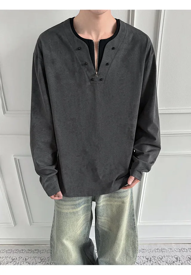 Men's Half-Zip V-Neck Tie-Dye Long-Sleeve T-Shirt Detail