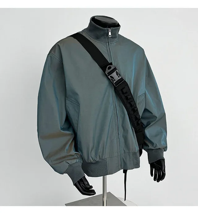 Men's Iridescent Satin Cropped Mandarin-Collar Jacket Detail