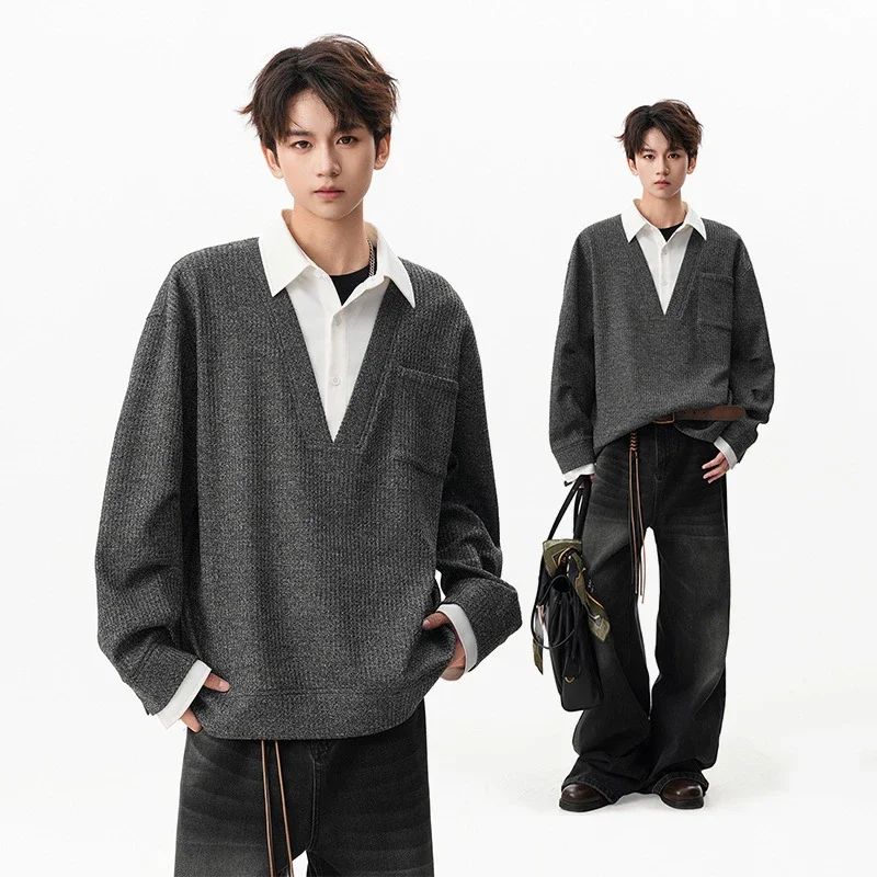 Men's Relaxed Shirt Collar Layered Sweater
