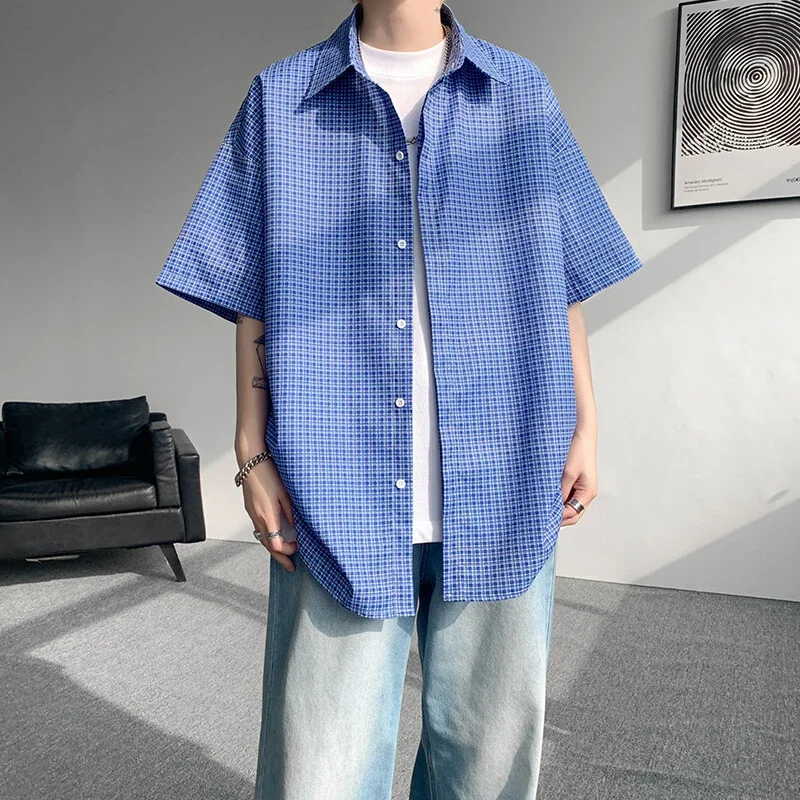 M-8XL Blue Plaid Short-Sleeve Shirt for Men