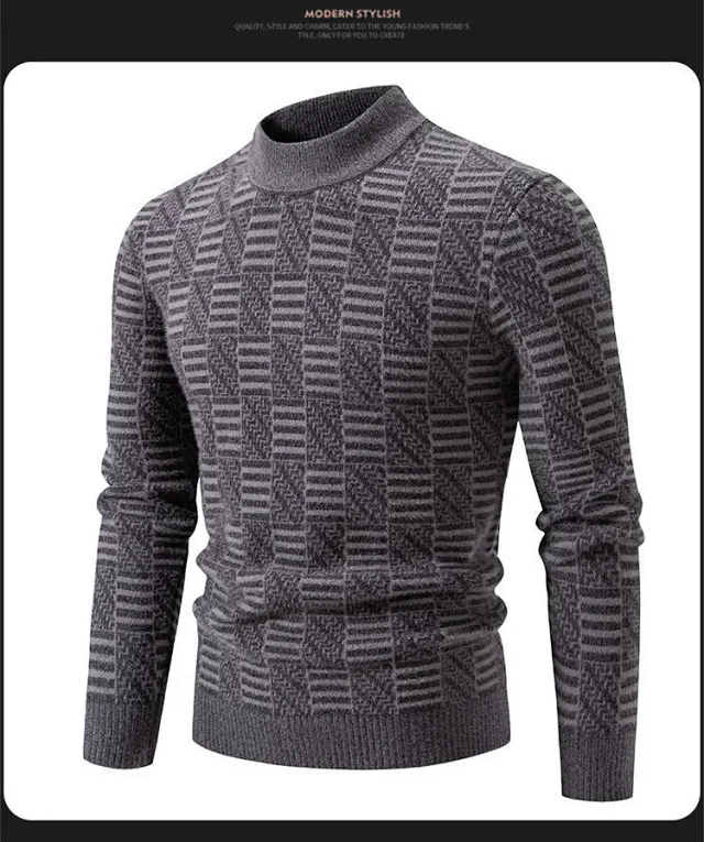 Ruisheng Men's Casual Half-Neck Jacquard Sweater Detail