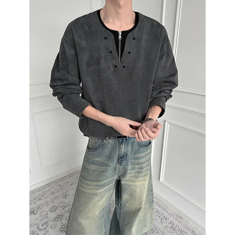 Men's Half-Zip V-Neck Tie-Dye Long-Sleeve T-Shirt