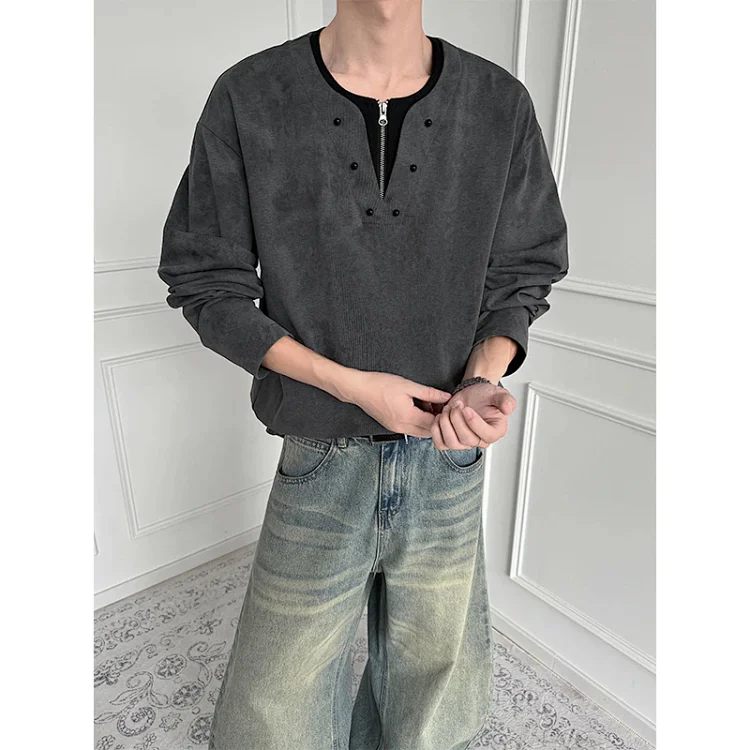 Men's Half-Zip V-Neck Tie-Dye Long-Sleeve T-Shirt