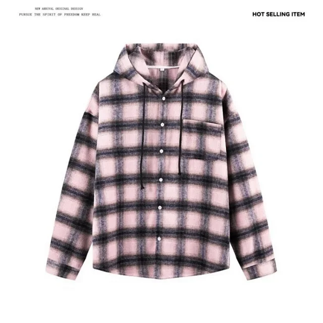 Men's Cyber Plaid Hooded Shirt Loose Unisex Detail