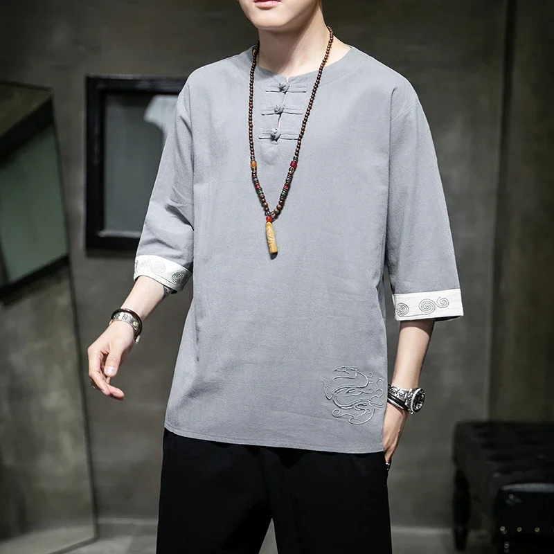 New Chinese Men's Linen 3/4 Tee