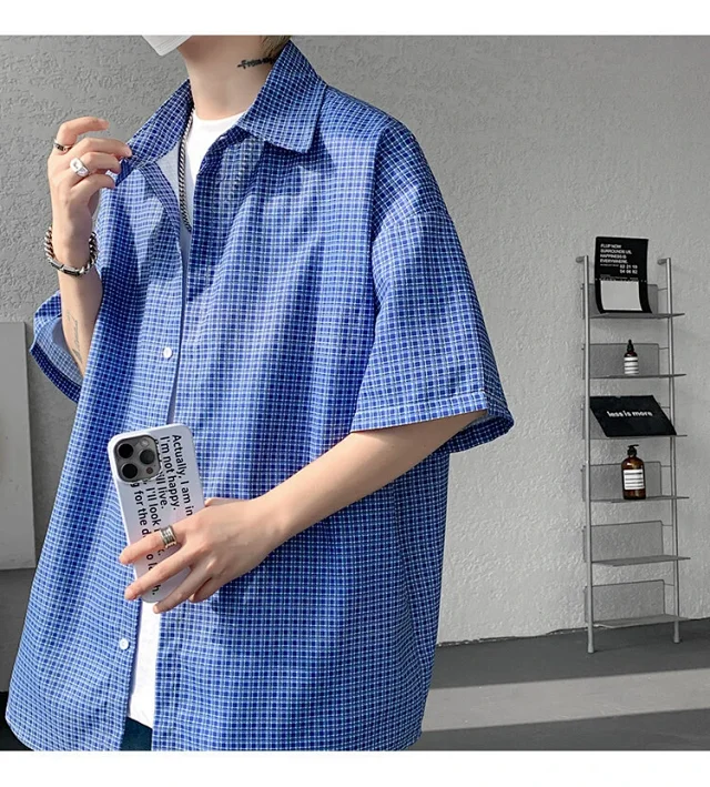 M-8XL Blue Plaid Short-Sleeve Shirt for Men Detail