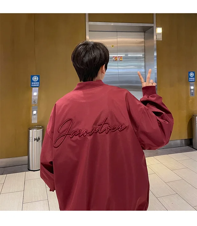 Men's Burgundy Hip-Hop Embroidered Bomber Jacket Detail
