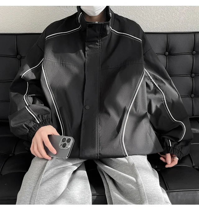 Men's Burgundy Hip-Hop Hooded Bomber Jacket Detail