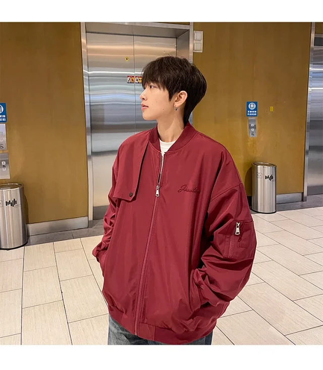 Men's Burgundy Hip-Hop Embroidered Bomber Jacket Detail