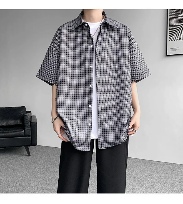 M-8XL Blue Plaid Short-Sleeve Shirt for Men Detail