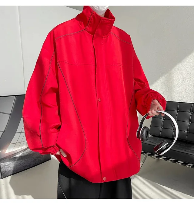 Men's Burgundy Hip-Hop Hooded Bomber Jacket Detail