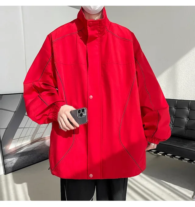 Men's Burgundy Hip-Hop Hooded Bomber Jacket Detail