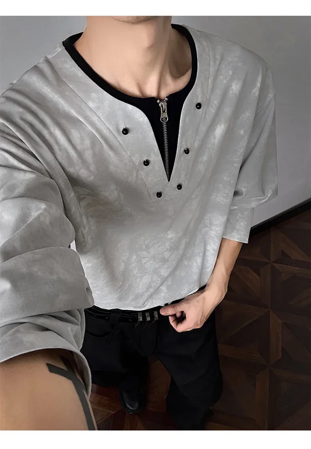 Men's Half-Zip V-Neck Tie-Dye Long-Sleeve T-Shirt Detail