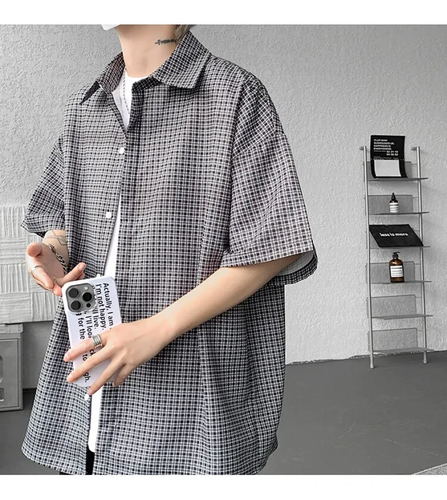 M-8XL Blue Plaid Short-Sleeve Shirt for Men Detail