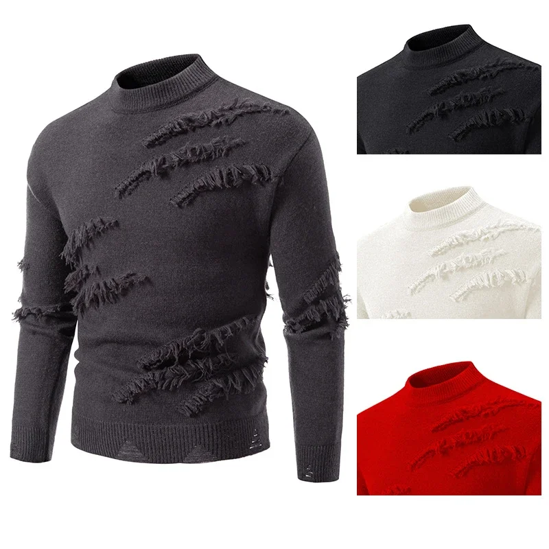 Men's Distressed Round-Neck Knit Sweater Casual