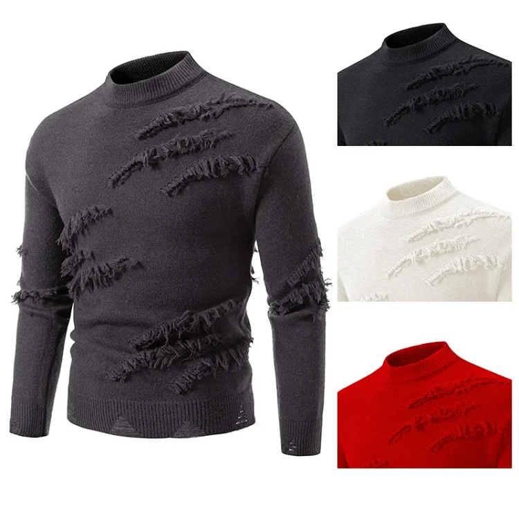 Men's Distressed Round-Neck Knit Sweater Casual
