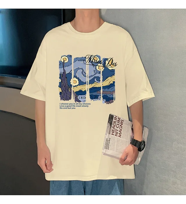 Starry Night Men's Loose Cotton T-Shirt Detail