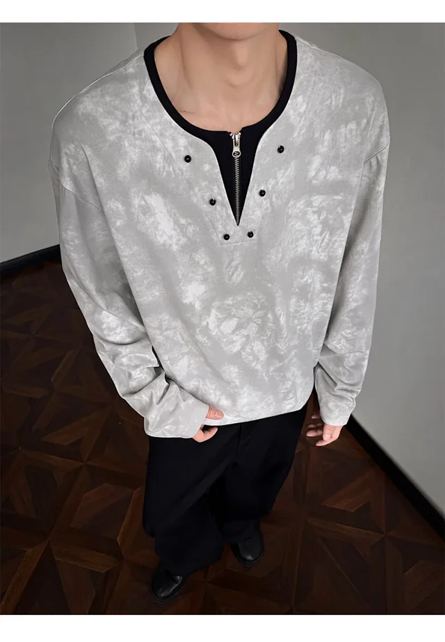 Men's Half-Zip V-Neck Tie-Dye Long-Sleeve T-Shirt Detail